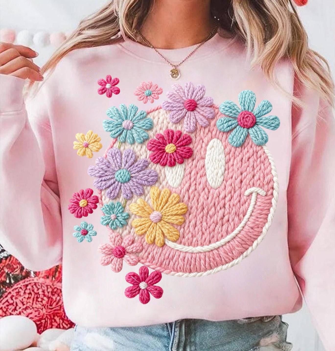 Faux Knit Floral Smiley Face Embroidered Sweatshirt