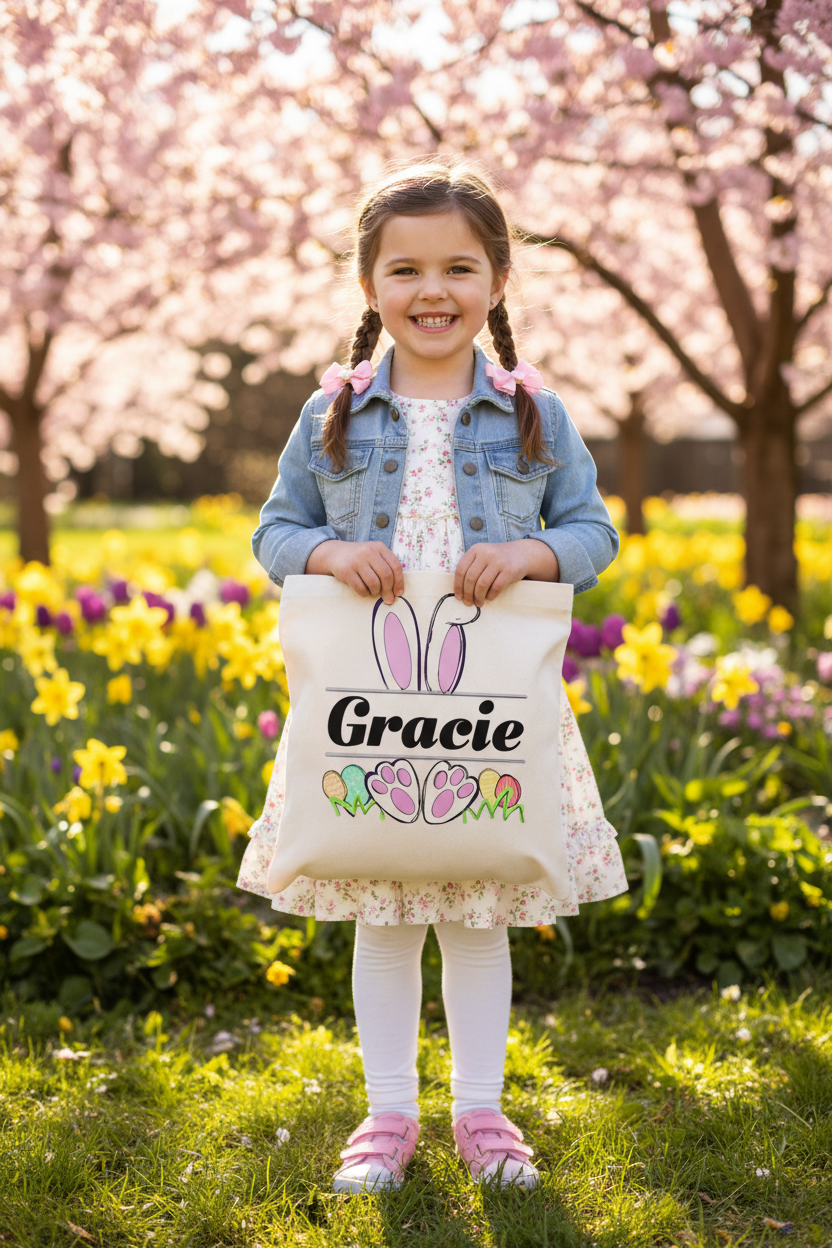 Child Holding Gracie Easter Bunny Tote Bag
