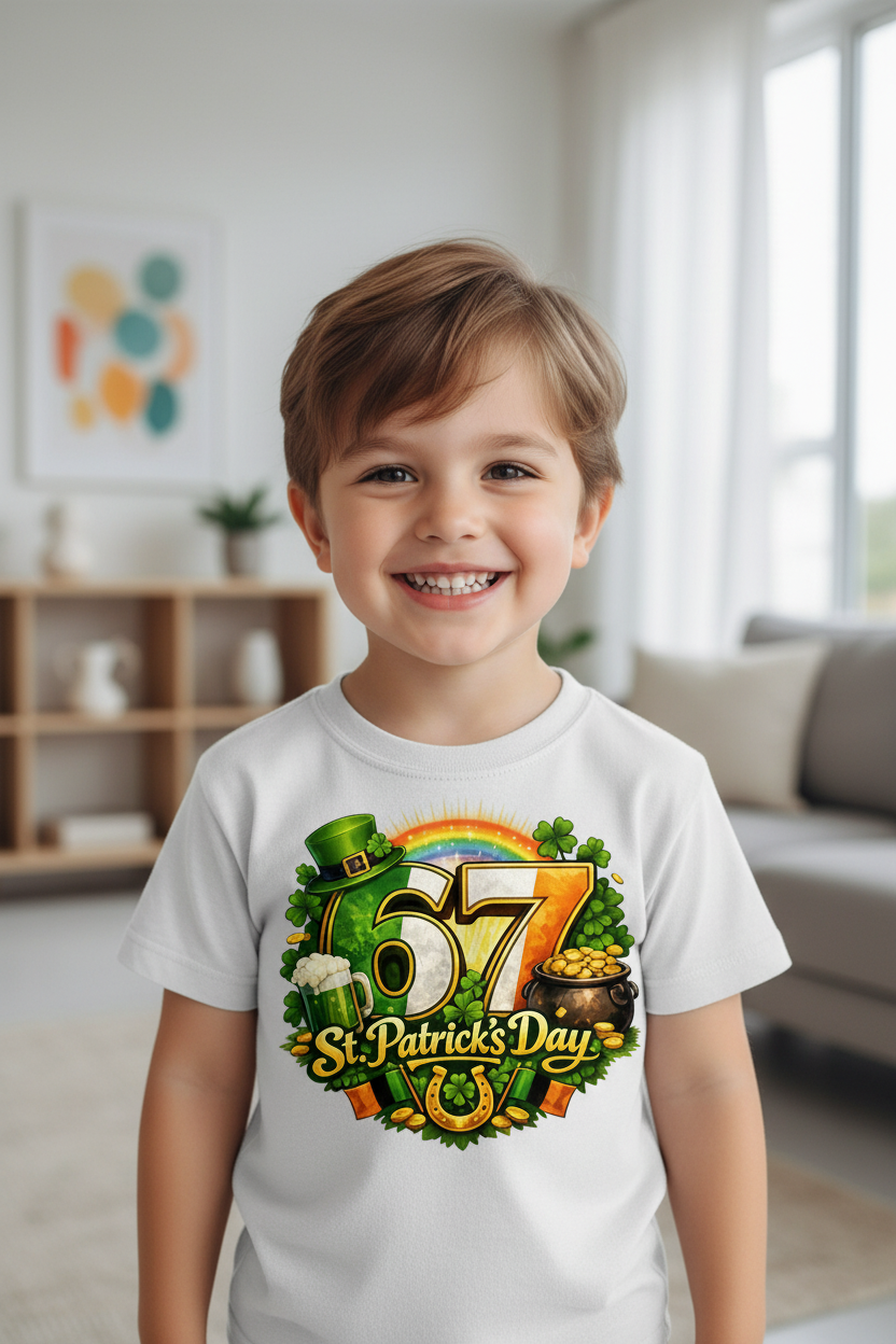 Child wearing 67 St. Patrick's Day design in modern setting
