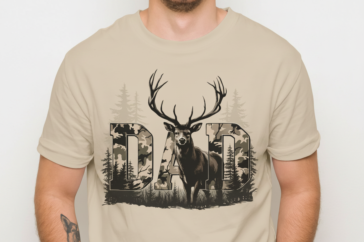 Dad Deer Camo on Beige T-Shirt