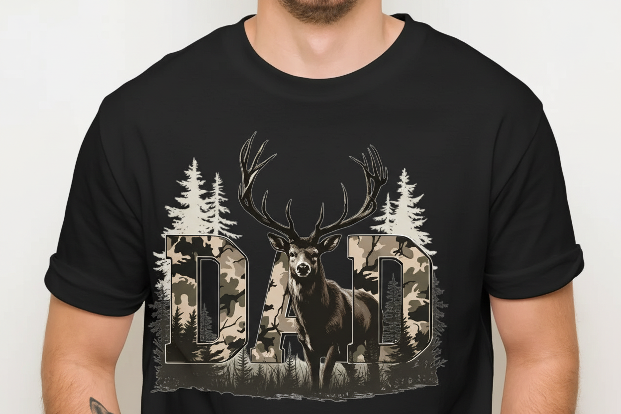 Dad Deer Camo on Black T-Shirt