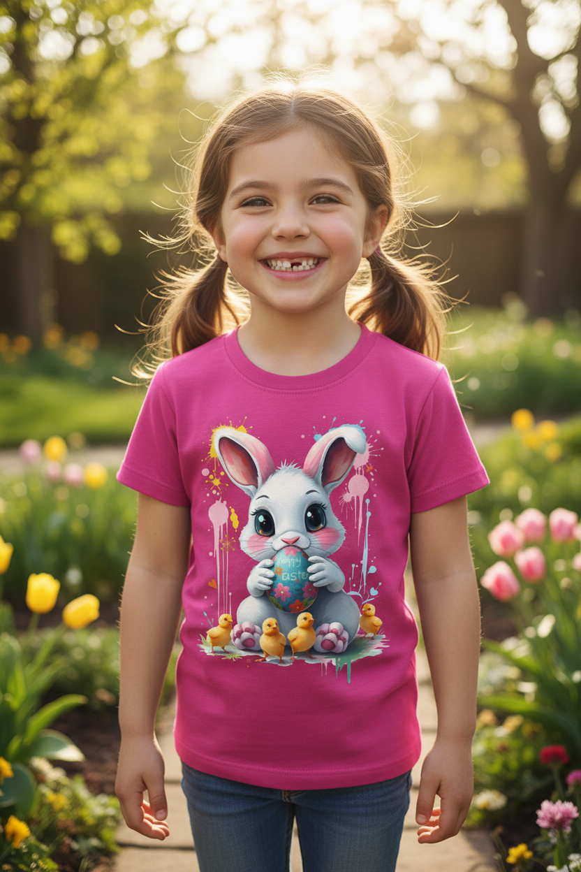 Hoppy Easter Bunny Kids Hot Pink Tee