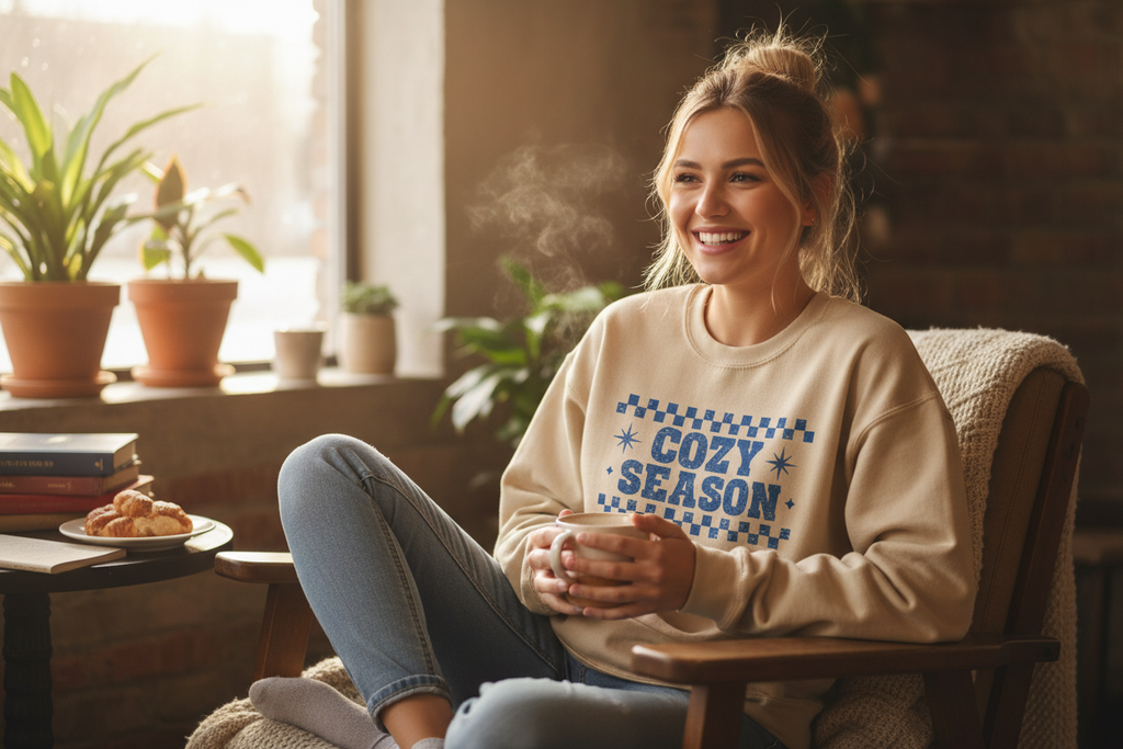 Woman wearing Cozy Season sweatshirt in cozy setting