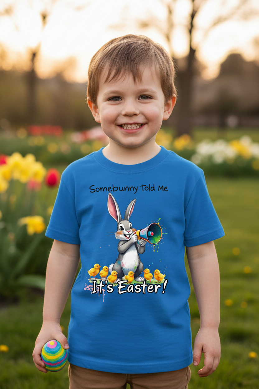 Boy wearing Somebunny Told Me It's Easter blue graphic tee holding a large Easter egg