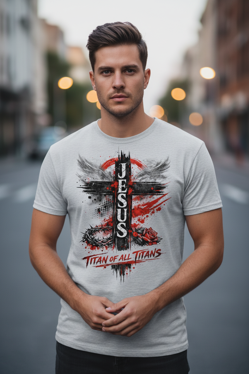 Jesus Titan of All Titans Front Design on Light Gray T-Shirt