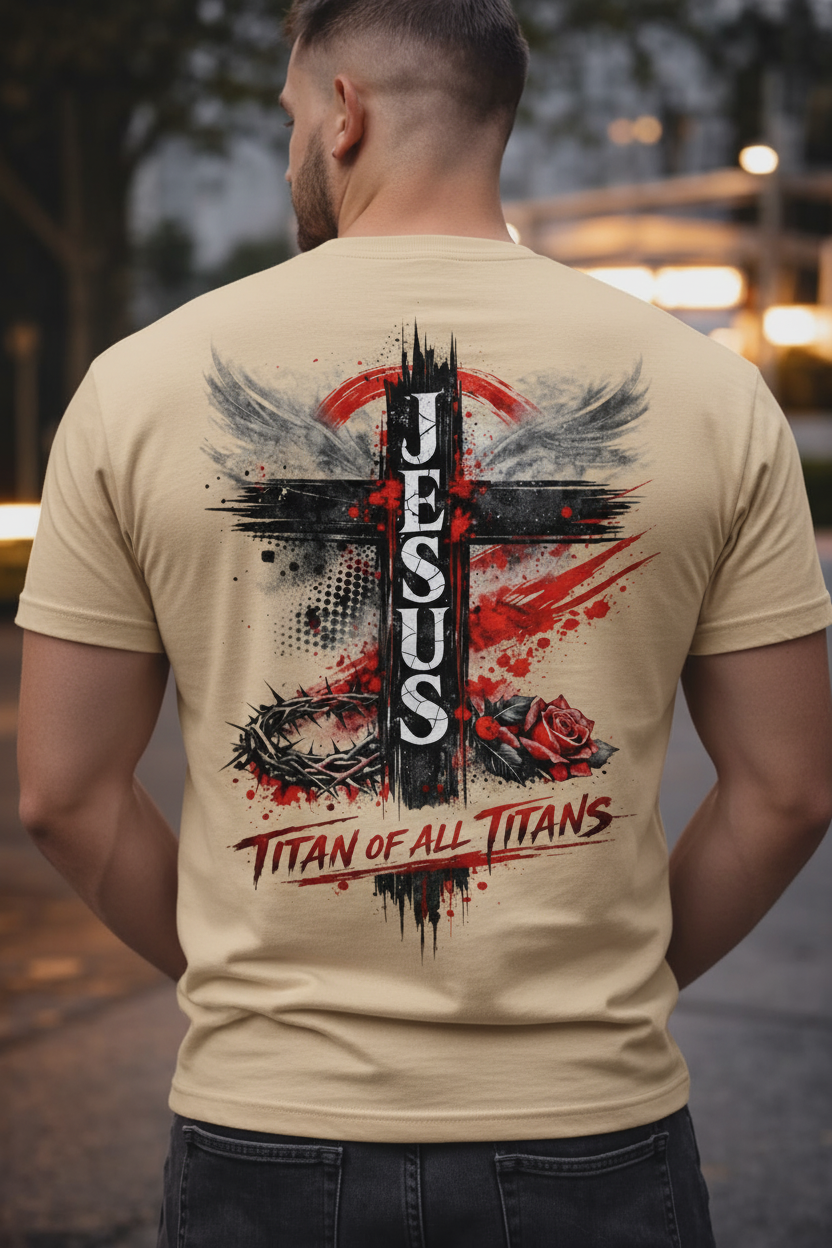 Jesus Titan of All Titans on Sand T-Shirt Back