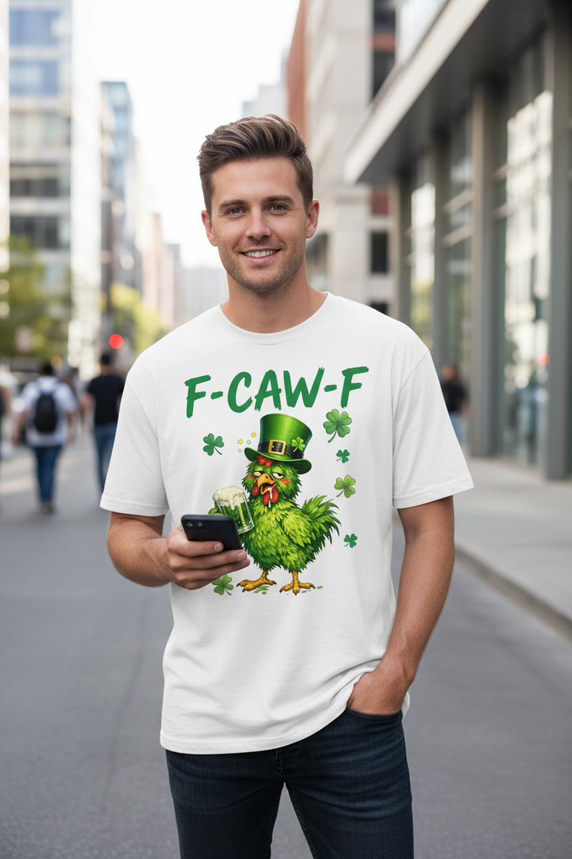 Man wearing F-CAW-F chicken design in modern setting