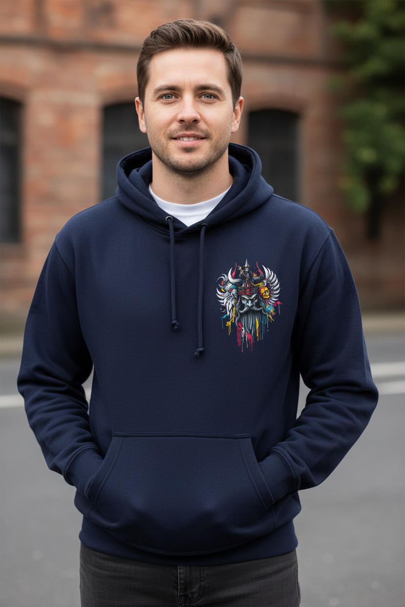 Man wearing Viking Warrior Navy Hoodie