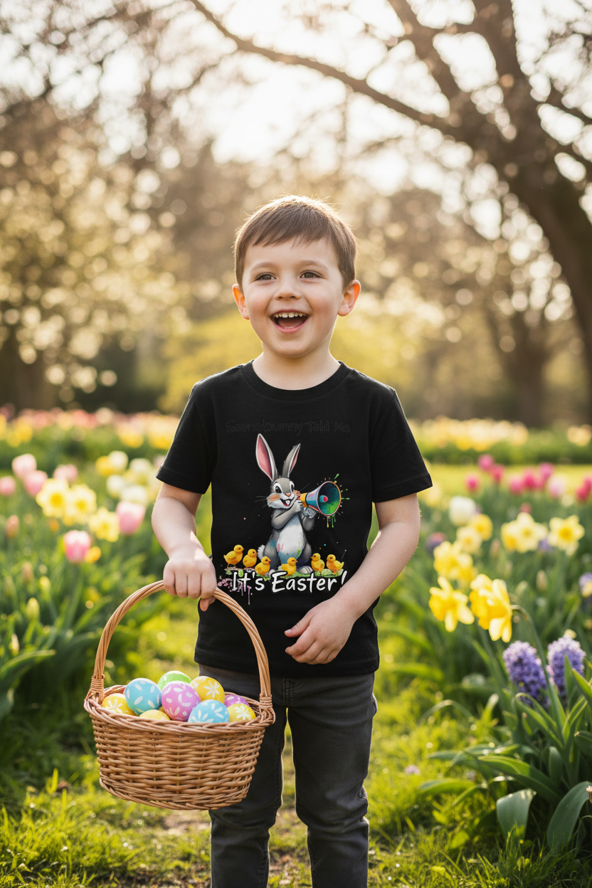 Somebunny Told Me Black Tee Boy with Easter Basket