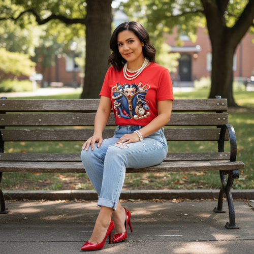 Woman wearing Betty Boop red t-shirt