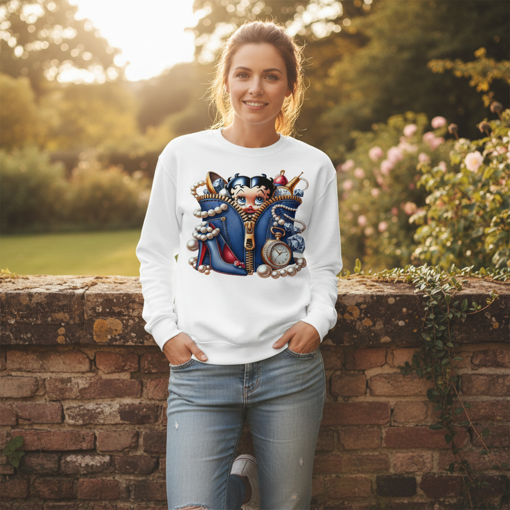 Woman wearing Betty Boop white sweatshirt