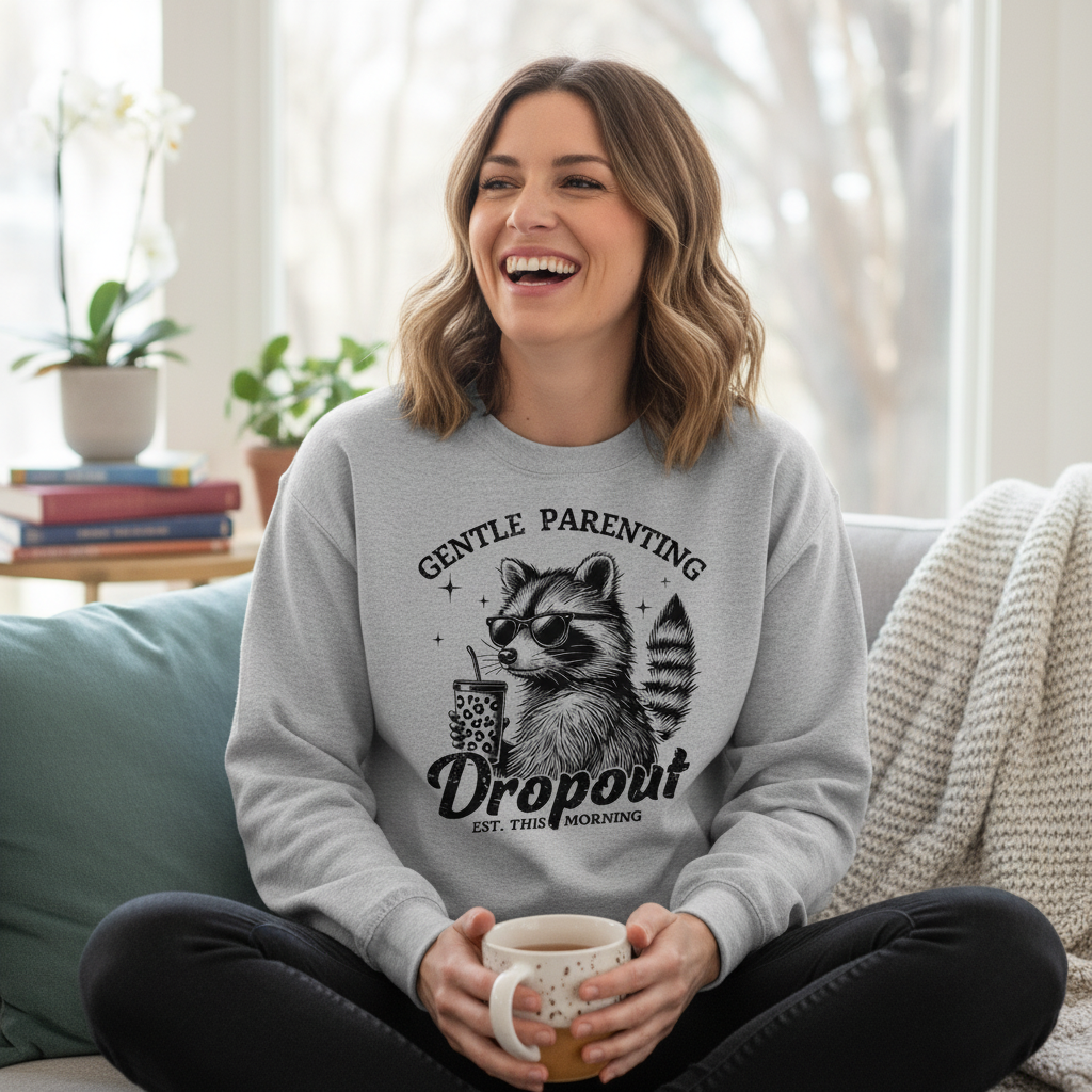 Woman wearing Gentle Parenting Dropout sweatshirt