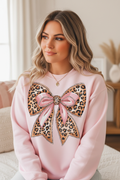 Woman wearing Leopard Pink Bow Sweatshirt