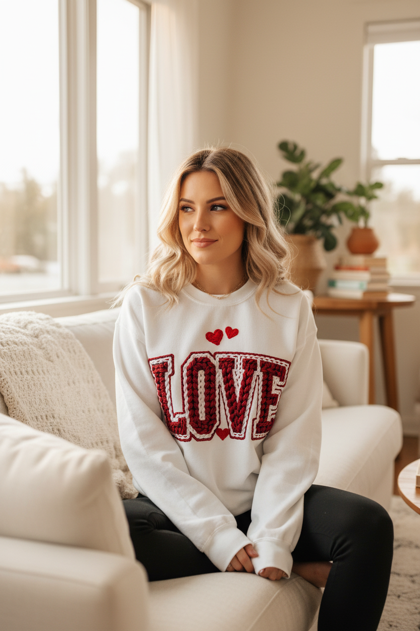 Woman wearing LOVE Buffalo Plaid Sweatshirt