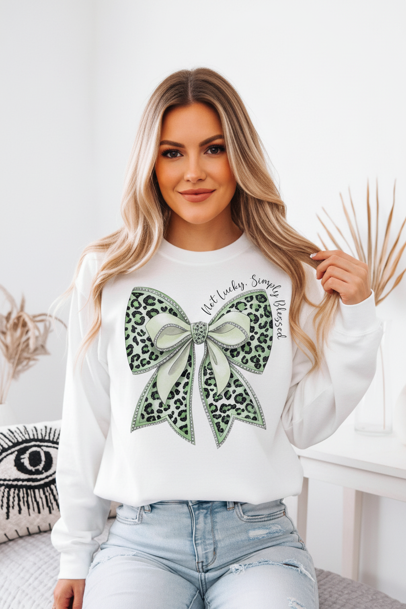 Woman wearing Not Lucky Simply Blessed leopard bow design