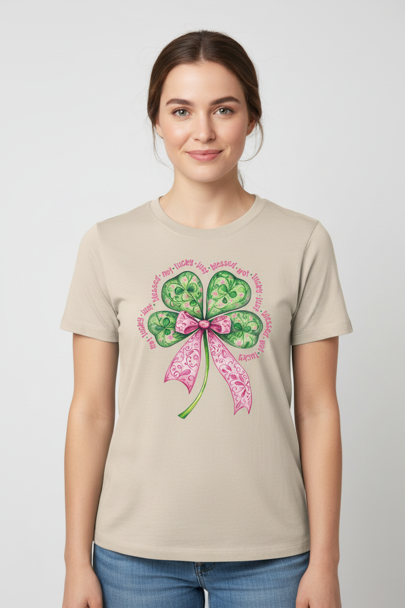 Woman wearing sand-colored t-shirt with shamrock design - front view