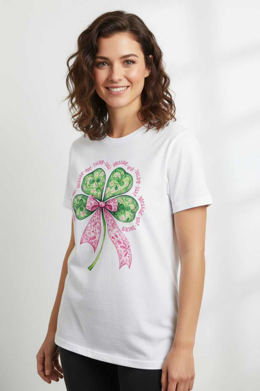 Woman wearing white t-shirt with shamrock and bow design
