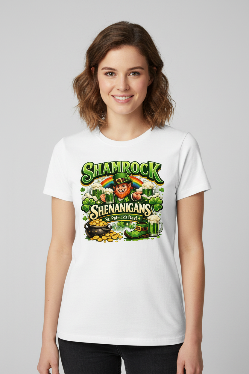 Woman wearing white t-shirt with Shamrock Shenanigans design