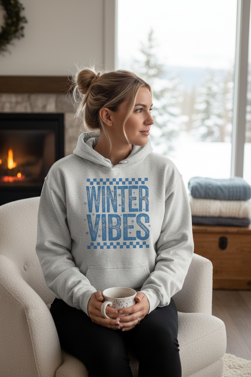 Woman wearing Winter Vibes Light Gray Hoodie